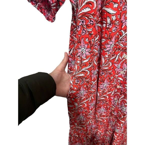 LOFT Puff Sleeve Split Neck Floral Tiered Pocket Shirt Dress Red Size Medium - Picture 11 of 13